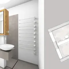 Moderne Badezimmeraufteilung Ideen: ein Waschbecken auf Betonkonsole, Holzverkleidung und ein Grundriss zeigen clevere Raumgestaltung.