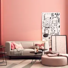 Gemütliches Wohnzimmer mit rosa Wand, bequemer Couch, Kissen und einem Pouf. Ein moderner Sessel und Kunstwerke ergänzen den Raum.