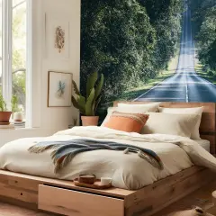 Gemütliches Schlafzimmer mit Bett, das eine **fototapete nicht direkt auf wand** hat. Die Tapete zeigt eine Straße, die von Bäumen gesäumt ist.