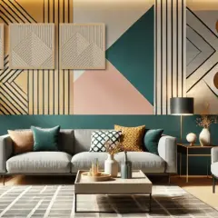 Modernes Wohnzimmer mit geometrischer Wandgestaltung, die einen trendigen Look erzeugt. Ein Sofa, Sessel und ein Couchtisch laden zum Entspannen ein.