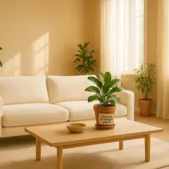 Ein helles Wohnzimmer mit cremefarbener Couch, Holztisch und vielen Pflanzen. Die Wandfarbe ist ein warmer Beigeton, der zeigt, welche Farbe passt zu Sand.