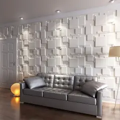 Modernes Wohnzimmer mit 3D-Quadrat-Tapete, die Tiefe schafft. Warum Tapete? Weil sie Räumen Charakter verleiht.