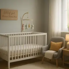 Ein gemütliches Kinderzimmer mit neutraler Wandfarbe, weißem Gitterbett, Spielzeug und einem Sessel.