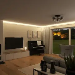 Gemütliche wohnidee wohnzimmer mit Kamin, Klavier und Blick ins Grüne. Einladende Atmosphäre durch indirekte Beleuchtung.