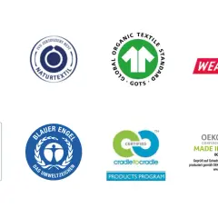 Siegel für nachhaltige kleidungsmarken: Fairtrade, GOTS, EU Ecolabel, Blauer Engel, Fair Wear, OEKO-TEX® Made in Green.