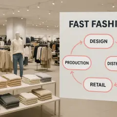 Schema von Fast Fashion: Design, Produktion, Distribution, Retail. Ein Kreislauf, der die Schnelllebigkeit der Branche zeigt, im Gegensatz zu Slow Fashion.