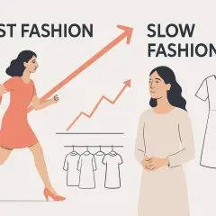 Frau rennt im roten Kleid, symbolisiert Fast Fashion. Daneben steht eine Frau in hellem Kleid, repräsentiert Slow Fashion.
