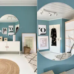 Ein stilvolles Zimmer in Aqua-Blau. Welche Farbe passt zu Aqua-Blau? Hier: Beige, Weiß und Schwarz harmonieren perfekt.