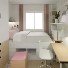 Ein helles, aufgeräumtes Kinderzimmer im Stil des Minimalismus. Ein weißes Bett mit integrierten Schubladen, ein Schreibtisch mit Lampe und ein Kleiderschrank.