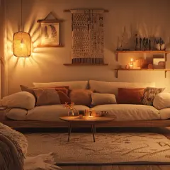 Gemütliches Wohnzimmer in warmem Braunton. Ein Sofa mit vielen Kissen, ein Teppich und Kerzenlicht schaffen eine einladende Atmosphäre.