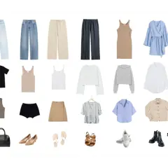 Eine Capsule Wardrobe Liste auf Deutsch: Hosen, Jeans, Röcke, Kleider, Oberteile, Jacken, Schuhe und Accessoires für vielseitige Outfits.