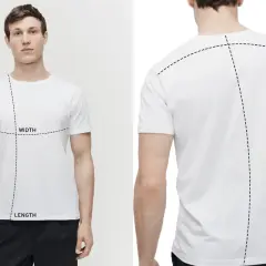 Mann mit weißem T-Shirt, das mit gestrichelten Linien für Breite und Länge markiert ist. So ermitteln Sie, wie lang sollte ein T-Shirt sein.