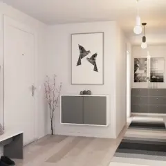 Moderne Garderobe mit schlichtem Design: Hängeschrank, Sitzbank, Garderobenleiste und Kunstwerk für Garderoben-Inspo.