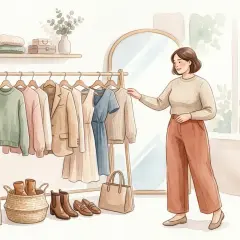 Eine Frau wählt aus einer Garderobe mit ausgewählten Kleidungsstücken, die eine Capsule Wardrobe für stilvolle Outfits bilden.