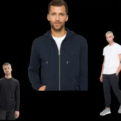 Drei Männer in lässiger Kleidung: Pullover, Kapuzenjacke und T-Shirt mit Jogginghose. Perfekt für die grundausstattung kleiderschrank mann.