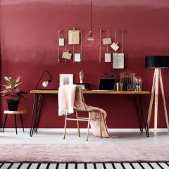Ein modernes Arbeitszimmer mit einem Schreibtisch, Laptop und einer rosa Decke. Die rosa Wandfarbe wirkt warm und einladend.