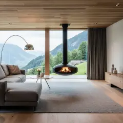 Modernes Wohnzimmer mit Panoramablick. Holzdecken und -böden unterstreichen die Wohntrends Holz. Ein schwebender Kamin sorgt für Gemütlichkeit.