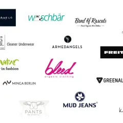 Logos von Marken wie Nudie Jeans, Hessnatur, Armedangels, Bleed, Mud Jeans, Freitag, Greenality, Pyua, Pants to Poverty, MINGA BERLIN, St. Cleaner Underwear, Waschbär, Band of Rascals, Recolution und Kollateralschaden. Diese Marken produzieren nicht fair.