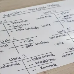 Eine Wohnung ausmisten: Checkliste für eine 6-Wochen-Challenge. Jede Woche ist in Wochenenden und Werktage unterteilt, mit spezifischen Bereichen wie Küche, Bad und Kleiderschrank.