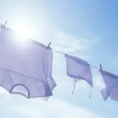 Drei weiße T-Shirts trocknen an einer Wäscheleine im Sonnenschein. Die Frage, wie oft man ein T-Shirt wechseln sollte, wird hier bildlich beantwortet: Wenn es frisch gewaschen ist!