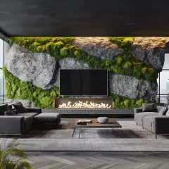 Moderne Wohnzimmergestaltung: Eine lange Wand wird mit Naturstein und Moos gestaltet, ein Kamin und ein Fernseher integriert.