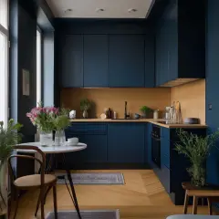 Ein modernes Wohnzimmer in Dunkelblau mit einer Holzküche, einem runden Esstisch und einem bequemen Sofa.