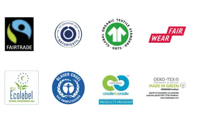 Siegel für nachhaltige kleidungsmarken: Fairtrade, GOTS, EU Ecolabel, Blauer Engel, Fair Wear, OEKO-TEX® Made in Green.