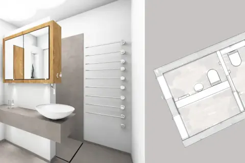 Moderne Badezimmeraufteilung Ideen: ein Waschbecken auf Betonkonsole, Holzverkleidung und ein Grundriss zeigen clevere Raumgestaltung.