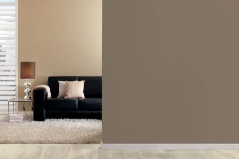 Schwarzes Ledersofa mit Kissen, ein Couchtisch mit Lampe und ein flauschiger Teppich. Die Wandfarbe ist braun, eine warme Farbe, die Gemütlichkeit ausstrahlt.