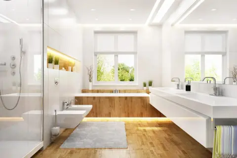 Moderne Badezimmer Ideen mit Holzboden: Dusche, Bidet, Doppelwaschbecken und Badewanne mit Holzverkleidung. Natürliche Beleuchtung durch Fenster.