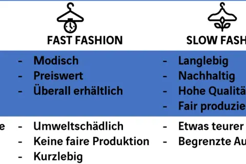 Vergleich von Fast und Slow Fashion: Fast Fashion ist modisch, preiswert, aber umweltschädlich und kurzlebig. Nachteile sind Umweltbelastung und keine faire Produktion.