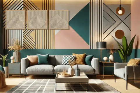 Modernes Wohnzimmer mit geometrischer Wandgestaltung, die einen trendigen Look erzeugt. Ein Sofa, Sessel und ein Couchtisch laden zum Entspannen ein.