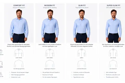 Vergleich von Hemdschnitten: Comfort, Modern, Slim und Super Slim Fit. Die Frage, wie viele Hemden man braucht, hängt vom Schnitt ab.
