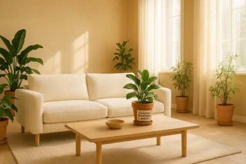 Ein helles Wohnzimmer mit cremefarbener Couch, Holztisch und vielen Pflanzen. Die Wandfarbe ist ein warmer Beigeton, der zeigt, welche Farbe passt zu Sand.