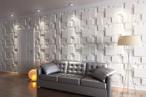 Modernes Wohnzimmer mit 3D-Quadrat-Tapete, die Tiefe schafft. Warum Tapete? Weil sie Räumen Charakter verleiht.
