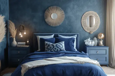 Ein stilvolles Schlafzimmer in Blau und Beige mit einem großen Bett, Spiegeln und Dekorationen.