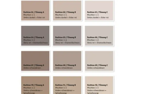 Farbpalette Kreidefarbe: 12 verschiedene Brauntöne, von hell bis dunkel, mit Mischungsverhältnissen und Farbkomponenten wie Umbra und Siena.