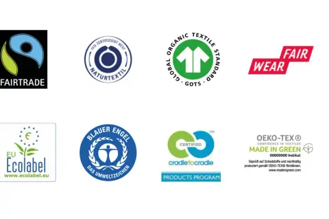 Siegel für nachhaltige kleidungsmarken: Fairtrade, GOTS, EU Ecolabel, Blauer Engel, Fair Wear, OEKO-TEX® Made in Green.