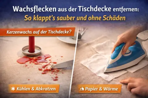 Kerzenwachs auf Tischdecke entfernen: Links: Wachsfleck kühlen & abkratzen. Rechts: Wachsfleck mit Papier & Wärme bügeln.