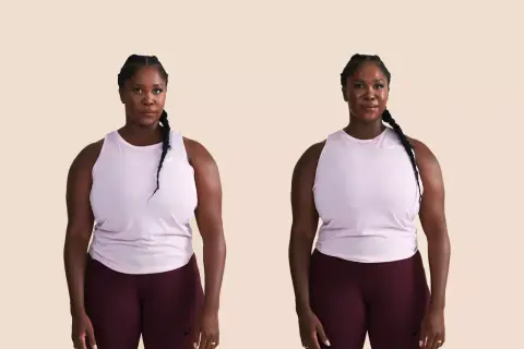 Zwei Bilder einer Frau im Sportoutfit. Links ernster Blick, rechts lächelnd. Ein Vorher-Nachher-Vergleich, der zeigt, wie sich das Wohlbefinden ausmisten kann.