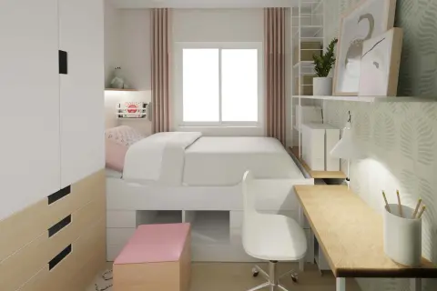 Ein helles, aufgeräumtes Kinderzimmer im Stil des Minimalismus. Ein weißes Bett mit integrierten Schubladen, ein Schreibtisch mit Lampe und ein Kleiderschrank.