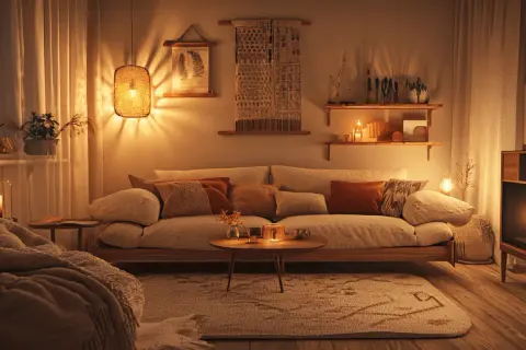Gemütliches Wohnzimmer in warmem Braunton. Ein Sofa mit vielen Kissen, ein Teppich und Kerzenlicht schaffen eine einladende Atmosphäre.