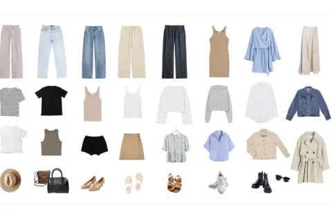 Eine Capsule Wardrobe Liste auf Deutsch: Hosen, Jeans, Röcke, Kleider, Oberteile, Jacken, Schuhe und Accessoires für vielseitige Outfits.
