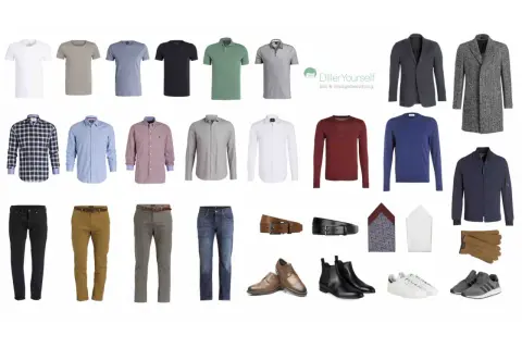 Wie viele Hosen braucht man? Hier sind vier Hosen, zwei Gürtel, Schuhe, Hemden, Pullover und Jacken für einen stilvollen Look.