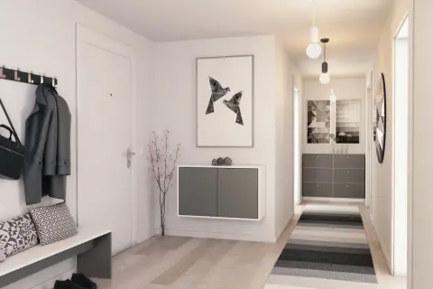 Moderne Garderobe mit schlichtem Design: Hängeschrank, Sitzbank, Garderobenleiste und Kunstwerk für Garderoben-Inspo.