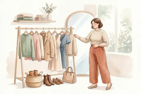 Eine Frau wählt aus einer Garderobe mit ausgewählten Kleidungsstücken, die eine Capsule Wardrobe für stilvolle Outfits bilden.