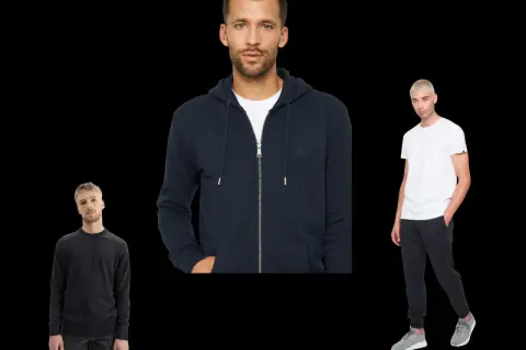 Drei Männer in lässiger Kleidung: Pullover, Kapuzenjacke und T-Shirt mit Jogginghose. Perfekt für die grundausstattung kleiderschrank mann.