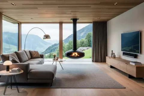 Modernes Wohnzimmer mit Panoramablick. Holzdecken und -böden unterstreichen die Wohntrends Holz. Ein schwebender Kamin sorgt für Gemütlichkeit.