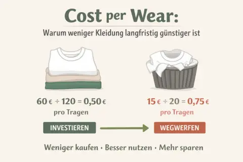 Cost per Wear": Stapel Kleidung (60€/120 Tragen = 0,50€) vs. Wäschekorb (15€/20 Tragen = 0,75€). Investieren lohnt sich!