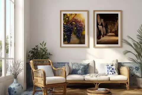 Stilvolle wandgestaltung hinter sofa mit Bildern von Trauben und Weinfässern. Ein Rattan-Sessel und ein Sofa laden zum Entspannen ein.